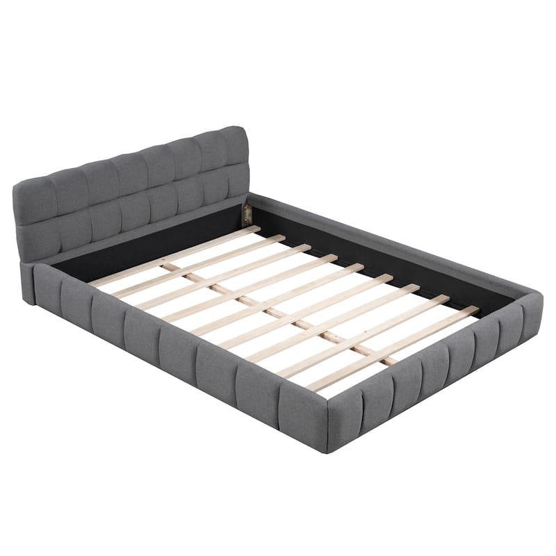 Upholstered Low Platform Bed with Thick Fabric, Queen Wooden Grounded Bed Frame with Wingback, No Box Spring Needed