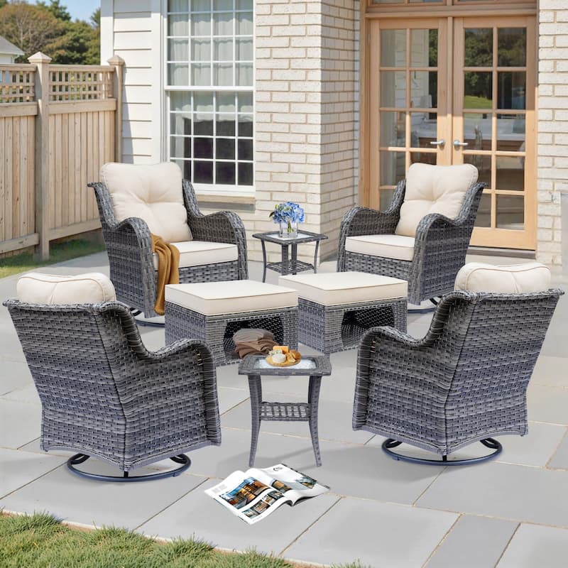 8 Piece Outdoor Patio Swivel Glider Chairs Ottoman Set with Side Table - Beige-Gray Rattan