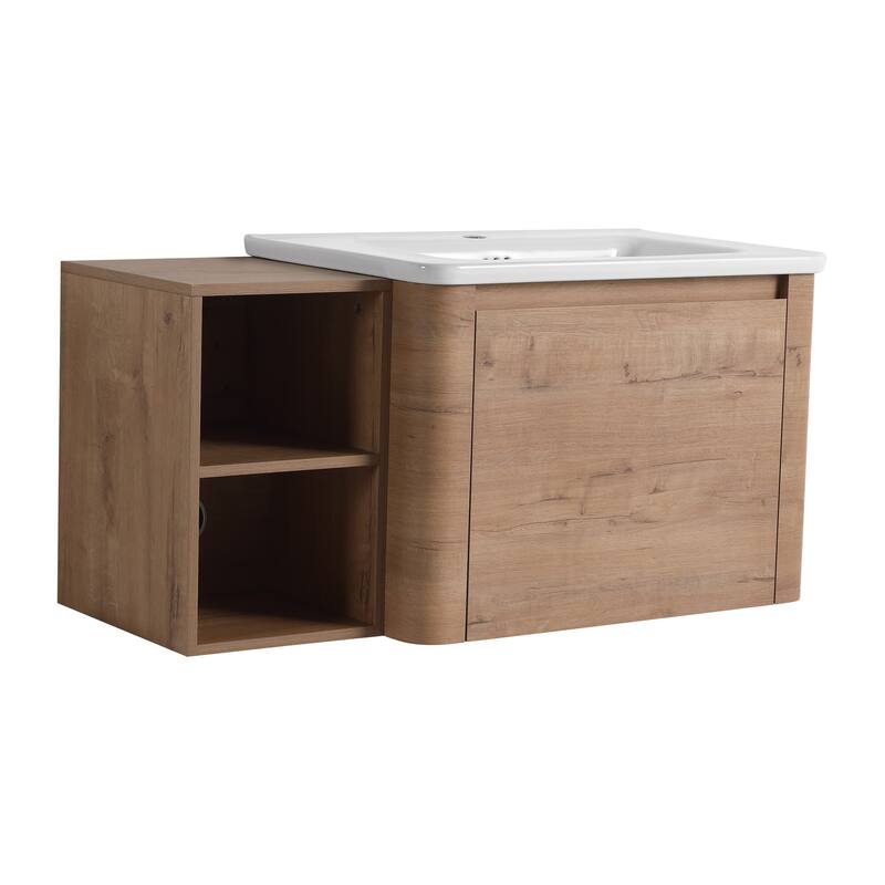 40'' Wall-Mounted Bathroom Vanity with White Ceramic Sink and Storage Shelves & 1-Soft-Close Door, KD-Packing, Plywood