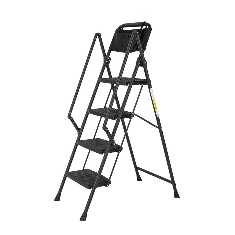 Black 4-Step Folding Step Stool Ladder Removable Tool Bag