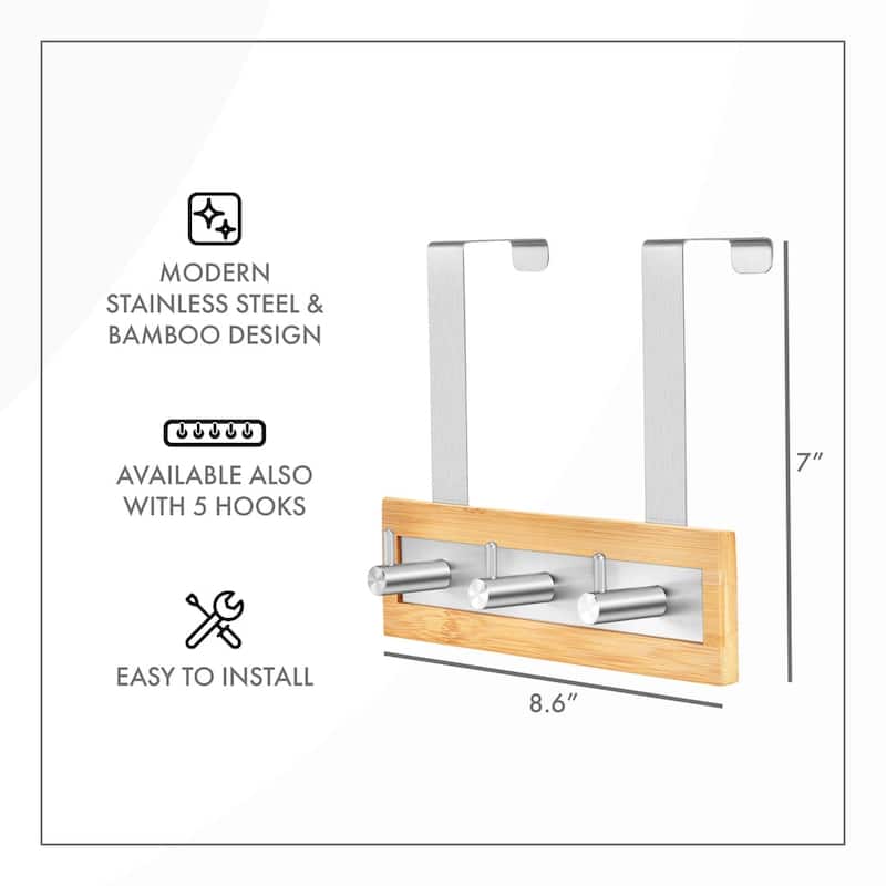 Bamboo Stainless Steel Over-the-Door Towel Hooks Stylish and Functional Bathroom Organization Solution for Towels - 3 Hooks