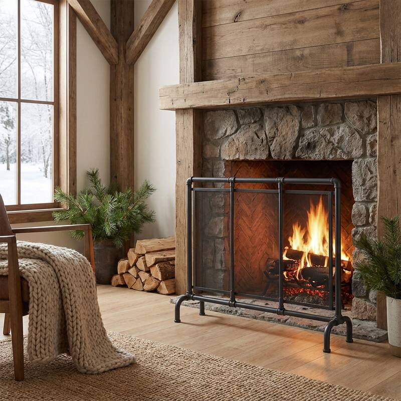 Roomfitters Celeste 1-Panel Iron Fireplace Screen with Industrial Pipe Design, Black Finish