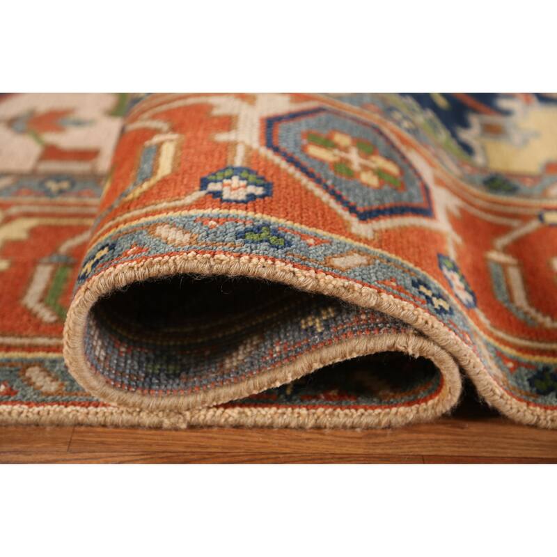 Peach Geometric Heriz Serapi Indian Area Rug Hand-Knotted Wool Carpet - 8'11" x 11'8"