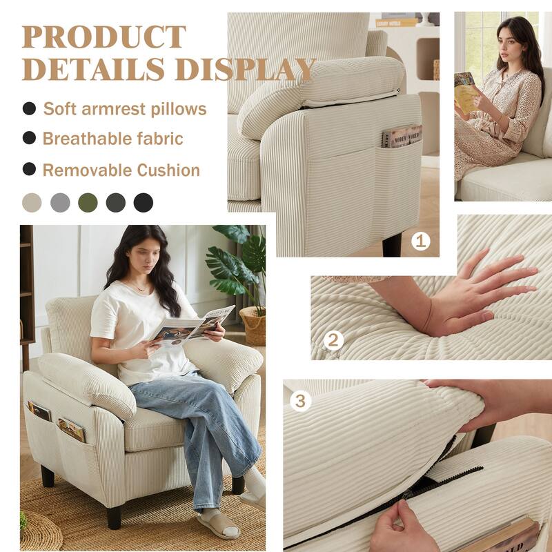 79.72" Corduroy 3 Pieces Living Room Sets Including Sectional Sofa with Storage Ottoman & Side Pockets & Armchair Set