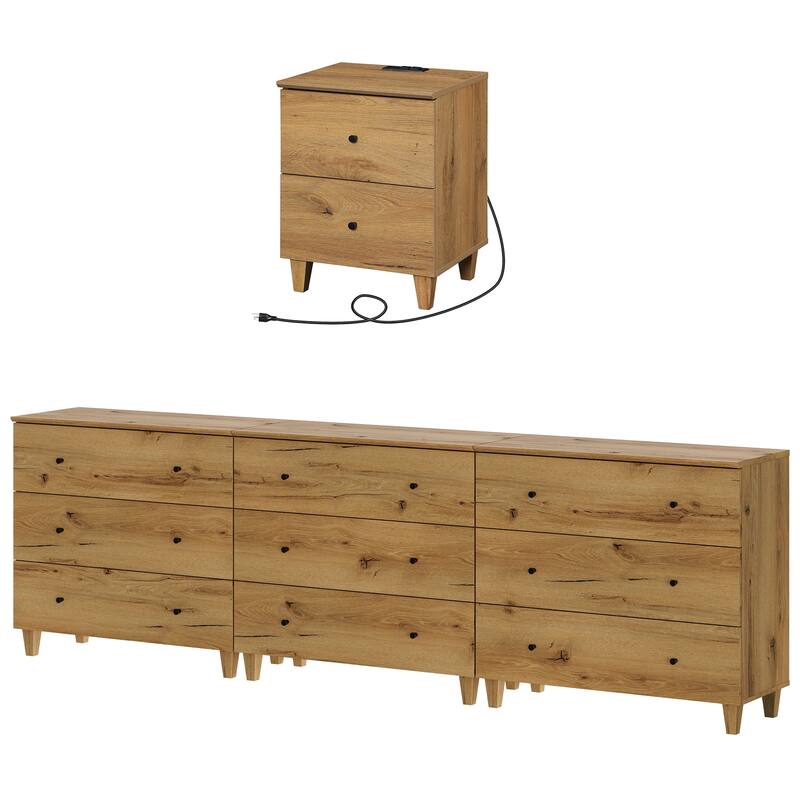 9-Drawer Dresser and Nightstand Set for Bedroom, 106.2" Wide - Oak Brown - 2 Piece