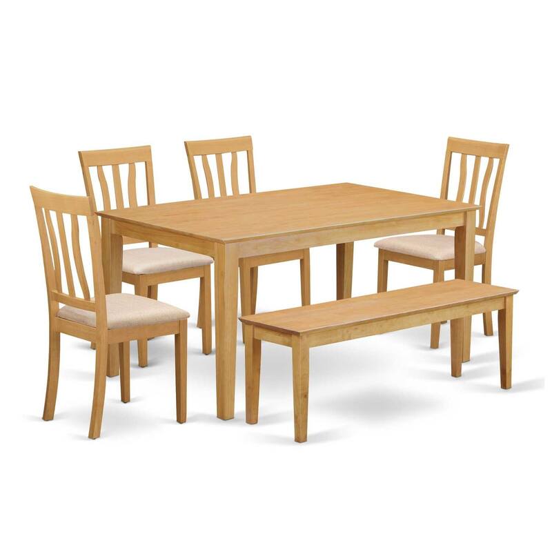 HomeStock 6-Piece Rectangle Natural Oak Finish Solid Wood Top Dining Table with 1 Bench, 4 Chairs with Lattice Back