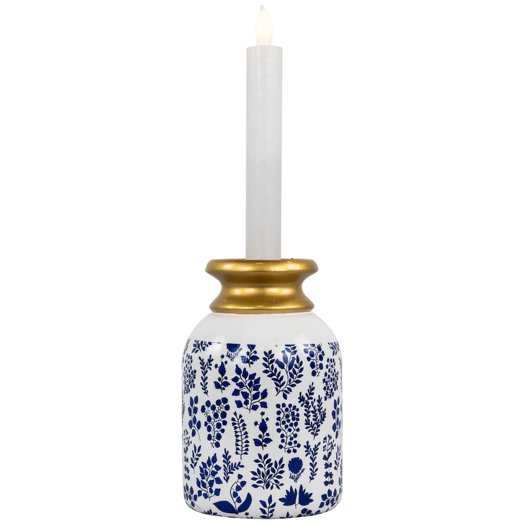 Wooden Floral Taper Candle Holder - 6"- White and Blue - 6"