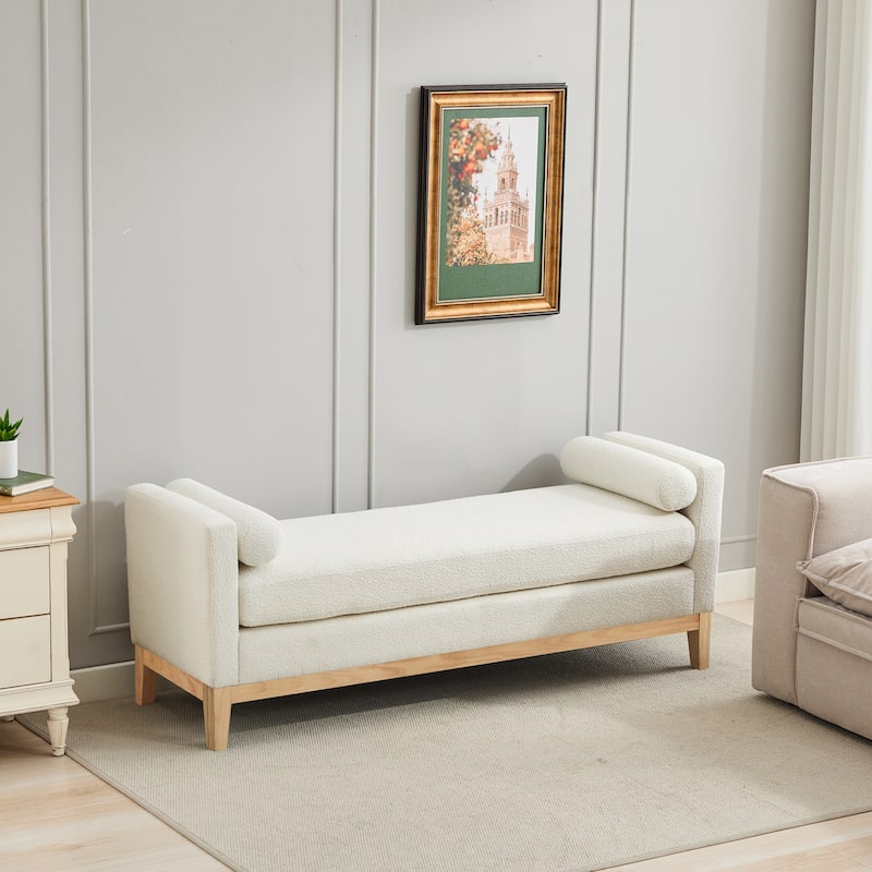 66.34" W Upholstered Bench with Pillows End of Bed Ottoman with Wood Legs