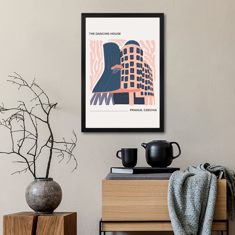 The Dancing House - Prague, Czechia, Warm Colours Illustration Travel Poster Premium Framed Poster by Mambo Art Studio