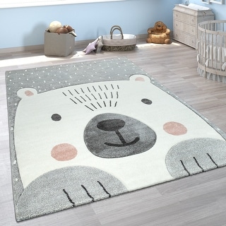Kids Room Area Rug with a Cute Bear in 3D in Grey White