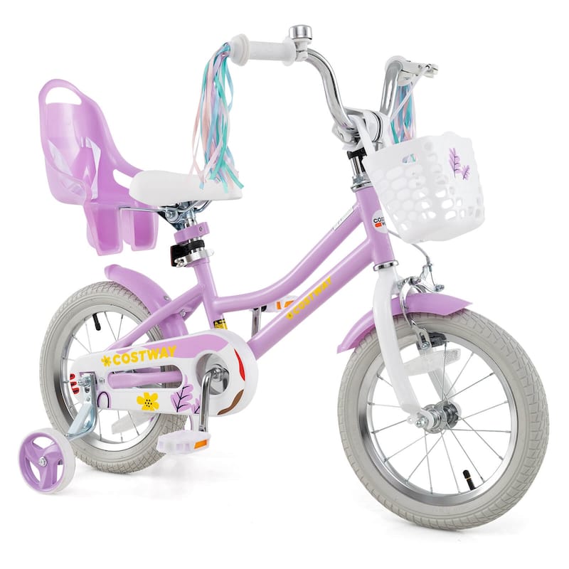 Costway 16" Kids Bicycle with Basket Doll Seat Colorful Streamers - See Details - 14" Purple