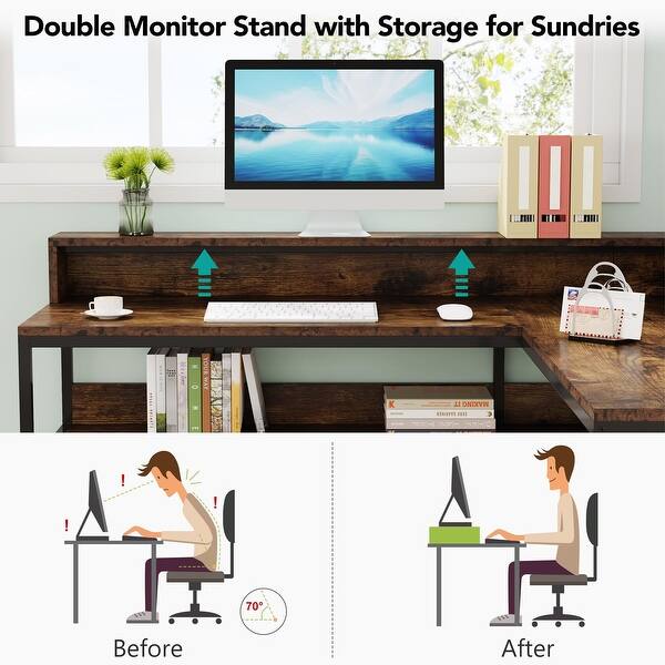 LShaped Compute Desk with Monitor Stand and Storage Shelf, Rustic