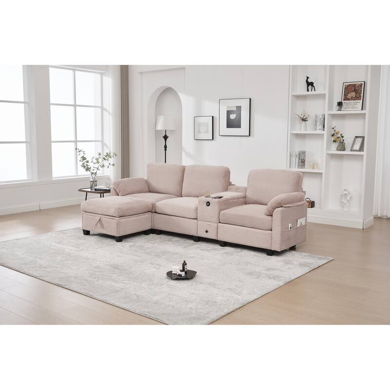 HOMEFUN Corduroy Upholstered L-Shaped 4-seater Storage Multifunctional Sectional Sofa with Storage Ottoman,Cup Holder and USB - Pink