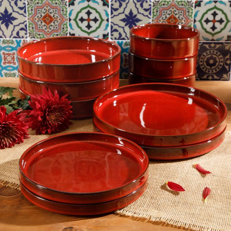 Bloomhouse Santorini Mist 16 Piece Double Bowl Terracotta Reactive Glaze Plates and Bowls Dinnerware Set - Red