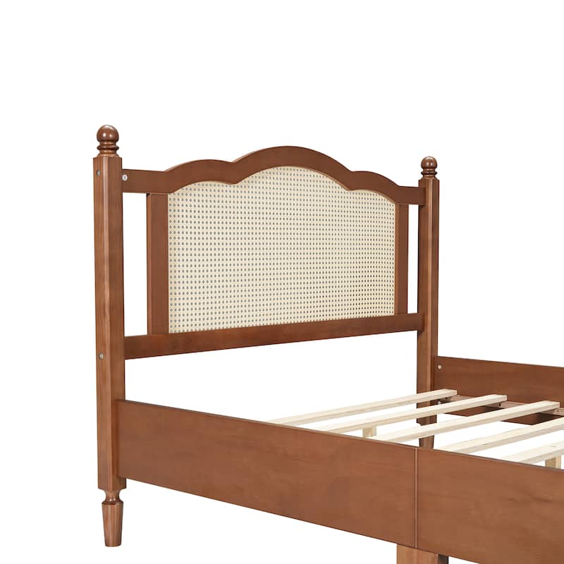 Queen/Full Size Wood Platform Bed with Natural Rattan Headboard, Vintage Bed Frame