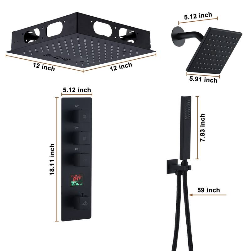 CASAINC Dual Heads 12 Inch Thermostatic Shower Head Shower System with 64 Color LED Light Bluetooth Control Music