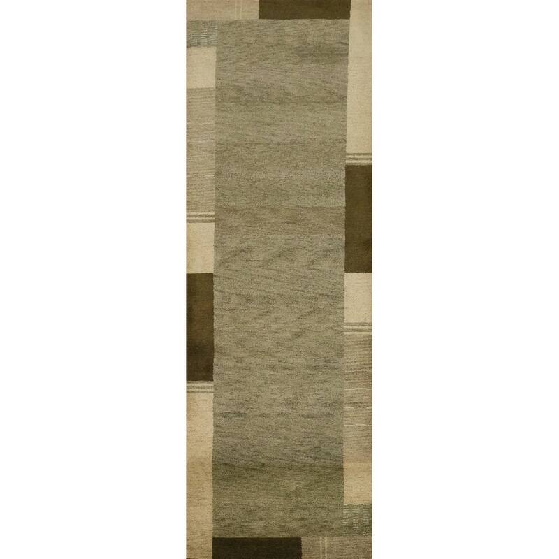 Hand Knotted Oriental 100% Wool Carpet Modern Solid Green Gabbeh Runner Rug - 12' 0'' X 3' 0''