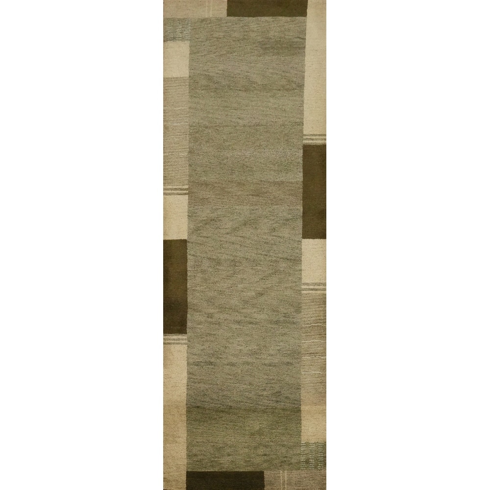 Hand Knotted Oriental 100% Wool Carpet Modern Solid Green Gabbeh Runner Rug - 12' 0'' X 3' 0''