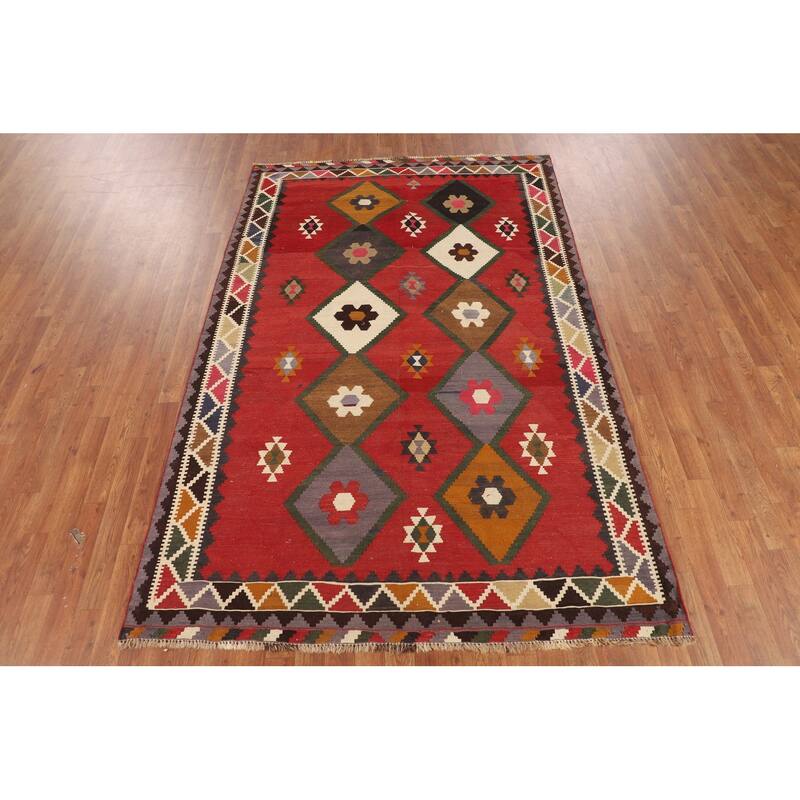 Geometric Kilim Qashqai Persian Vintage Rug Flatweave Wool Carpet - 5'4"x 8'0"