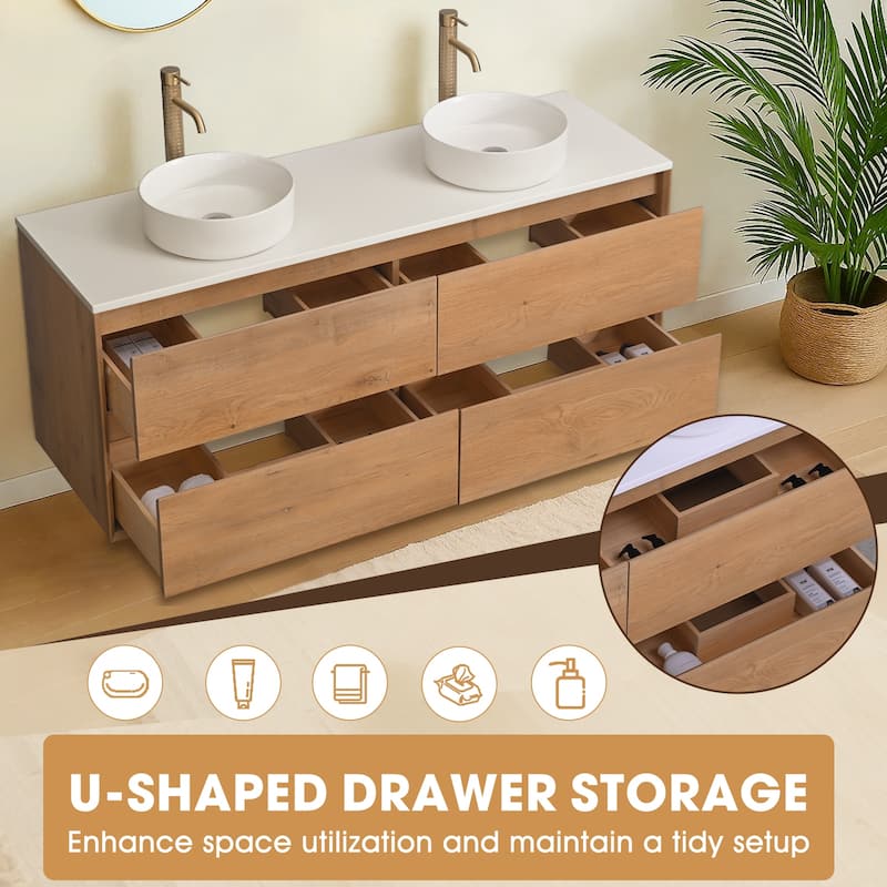 60" Floating Bathroom Vanity Quartz Counter Top with Double Ceramic Vessel Sink