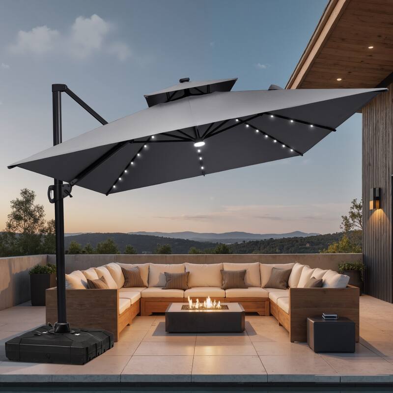 9 X 11 FT Outdoor Patio Cantilever Umbrella with Solar Lights Wheeled Base Double Canopy 360 Rotation Tilt - DarkGrey