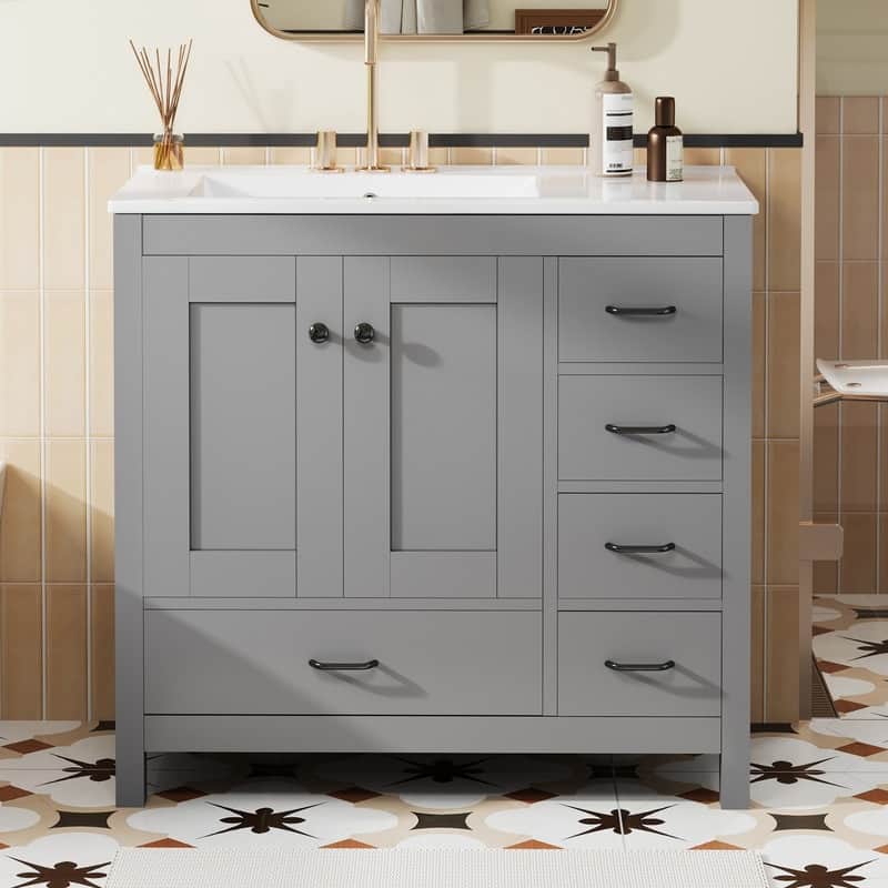 36" Bathroom Vanity with Ceramic Sink, 2 Soft close doors and 5 drawers