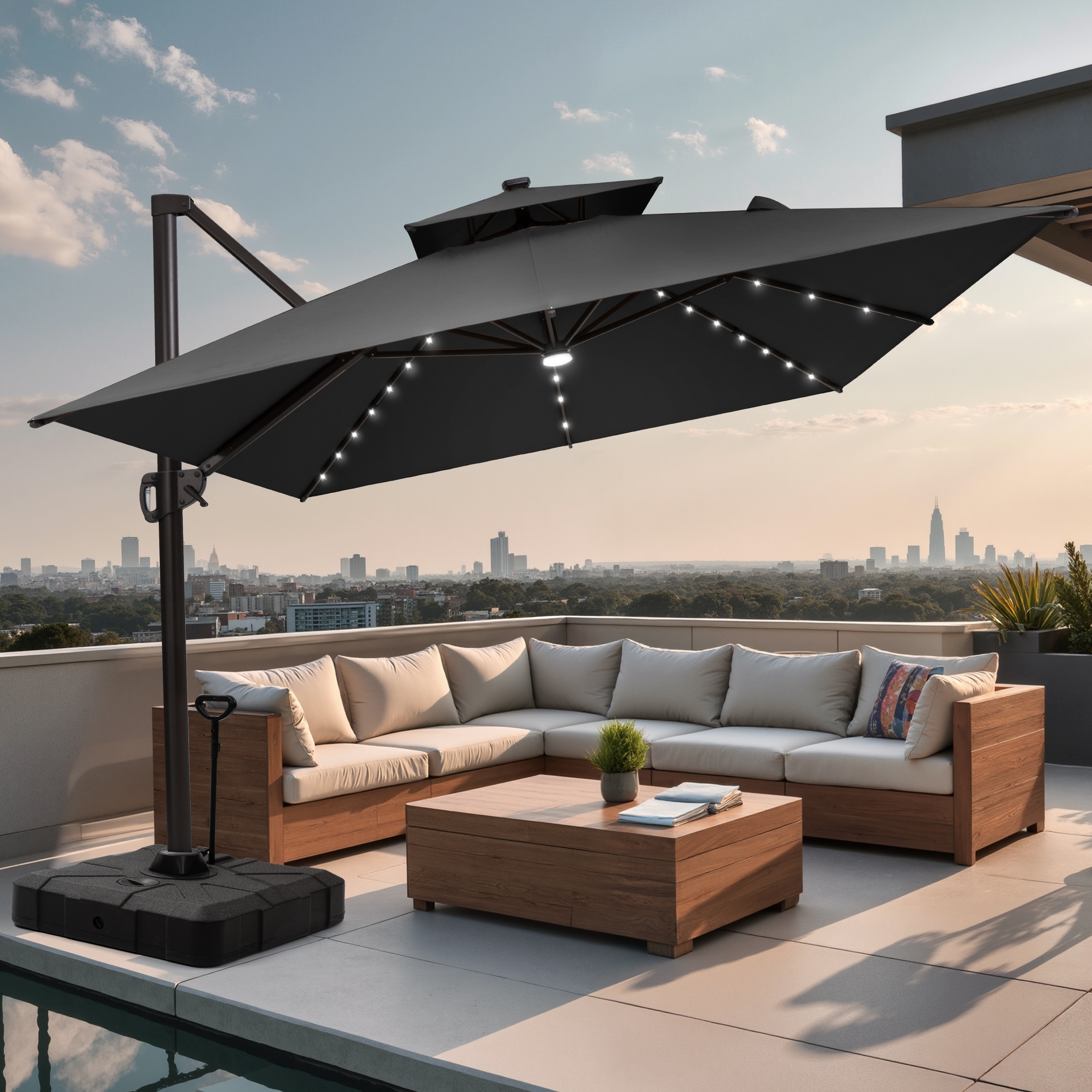 9 X 11 FT Outdoor Patio Cantilever Umbrella with Solar Lights Rod Wheel Base Double Canopy 360 Rotation Tilt
