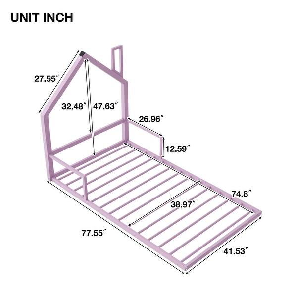 dimension image slide 0 of 3, Metal Floor Bed with House-shaped Headboard and Fence for Boys and Girls