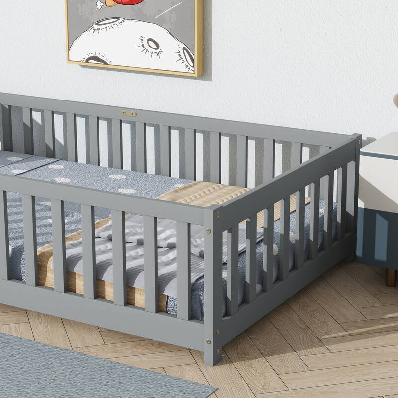 Twin Size Floor Bed with Fence without Door, Rubber Wood Floor Bed with Safety Guardrails