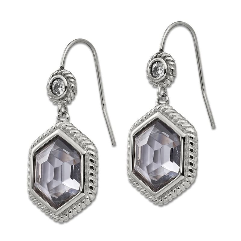 Curata Stainless Steel Polished Antiqued Glass and CZ Cubic Zirconia Art Deco Earrings (12mm x 36mm)