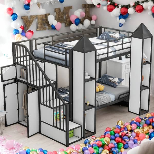 slide 2 of 30, Twin over Twin Castle-shaped Bunk Bed with Wardrobe and Storage for Bedroom White+Black