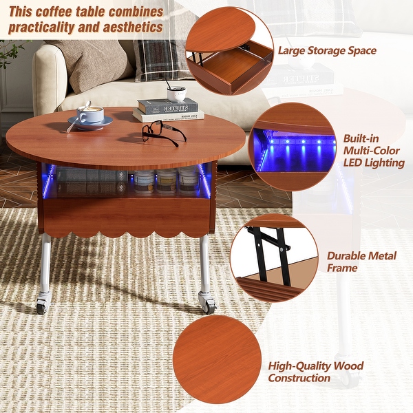 Mahogany Round Lift Top Coffee Table with Wheels Metal Frame and Multi Color Lighting in 27.6 Bed Bath Beyond 42458283