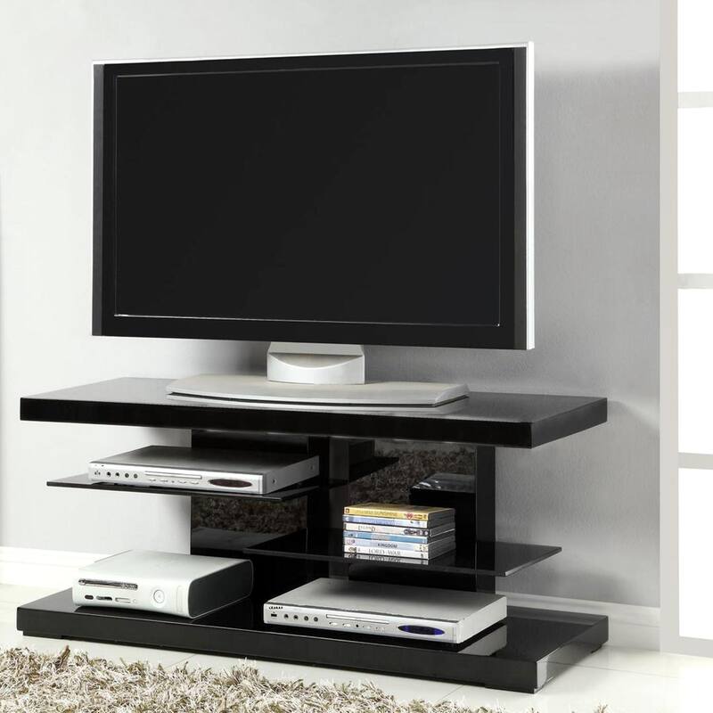 Modern Chic Design Glossy Black Display TV Console with Black Tempered Glass Shelves