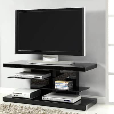 Modern Chic Design Glossy Black Display TV Console with Black Tempered Glass Shelves