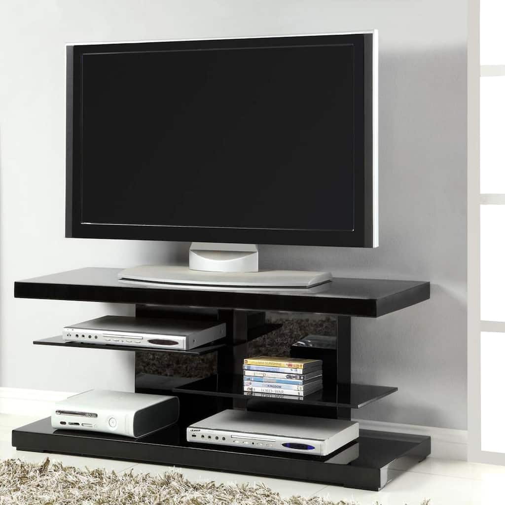Modern Chic Design Glossy Black Display TV Console with Black Tempered Glass Shelves