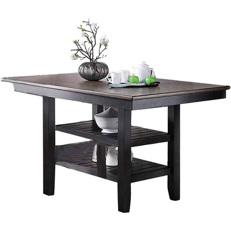 1pc Cunter Height Dining Table Dark Coffee Finish Kitchen Breakfast Dining Room Furniture Table w 2x Storage Shelve Rubb