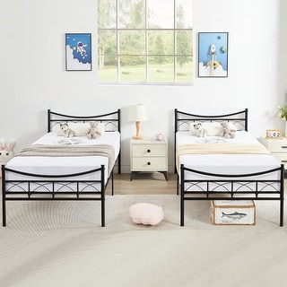 VECELO Metal Platform Kids Bed Frame with Headboard,Twin Size Bed Set of 2