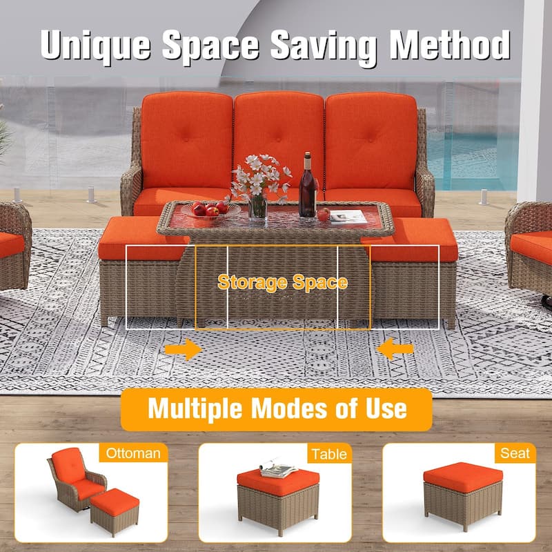 7 Pieces Patio Furniture Set with Swivel Rocking Chair, Coffee Table, Side Table for Backyard, Garden, Navy Blue/Beige/Orange