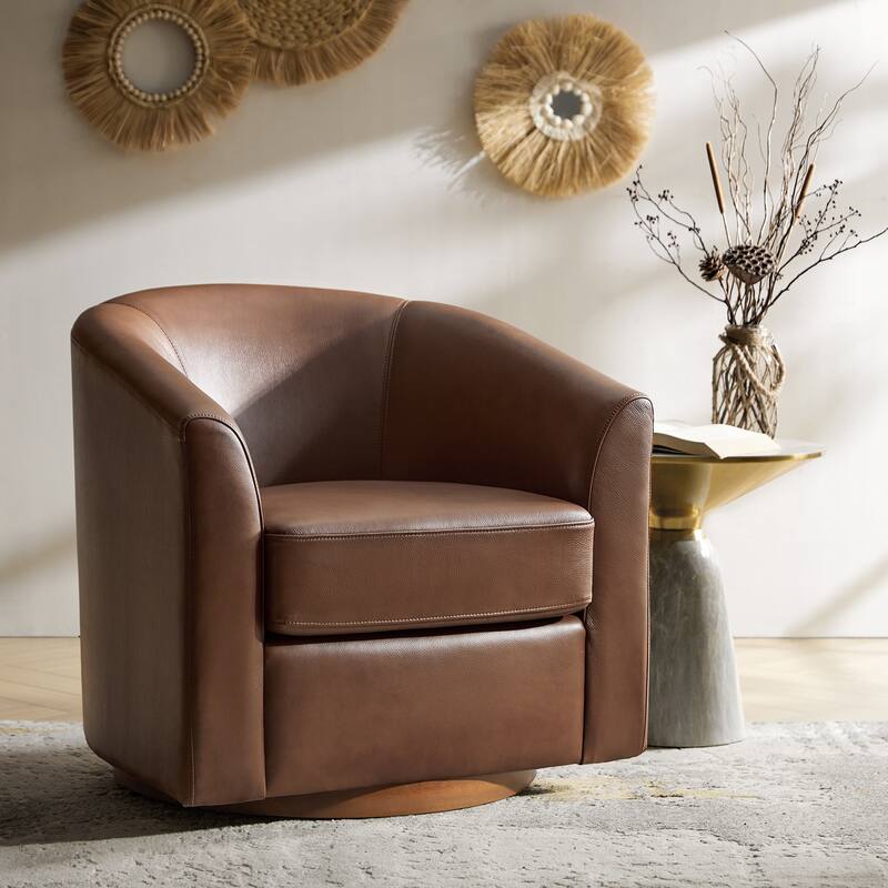 Althea Modern Genuine Leather Swivel Barrel Chair with Solid Wood Base By HULALA HOME - Brown