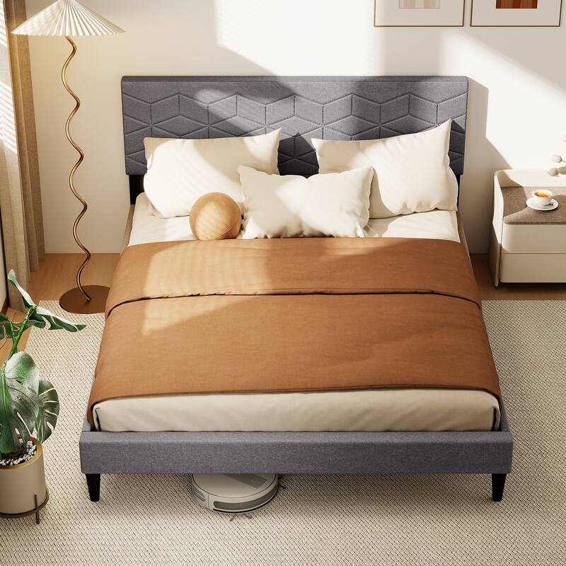 Grey Upholstered Bed Frame with Linen Headboard and Low-Profile Design Box-Spring-Free Setup