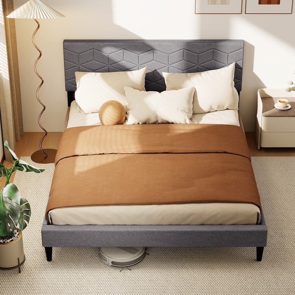 Grey Upholstered Bed Frame with Linen Headboard and Low-Profile Design Box-Spring-Free Setup