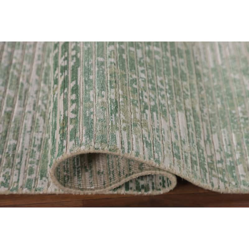 Striped Green Modern Abstract Accent Rug Handmade Wool Carpet - 2'8"x 4'9"