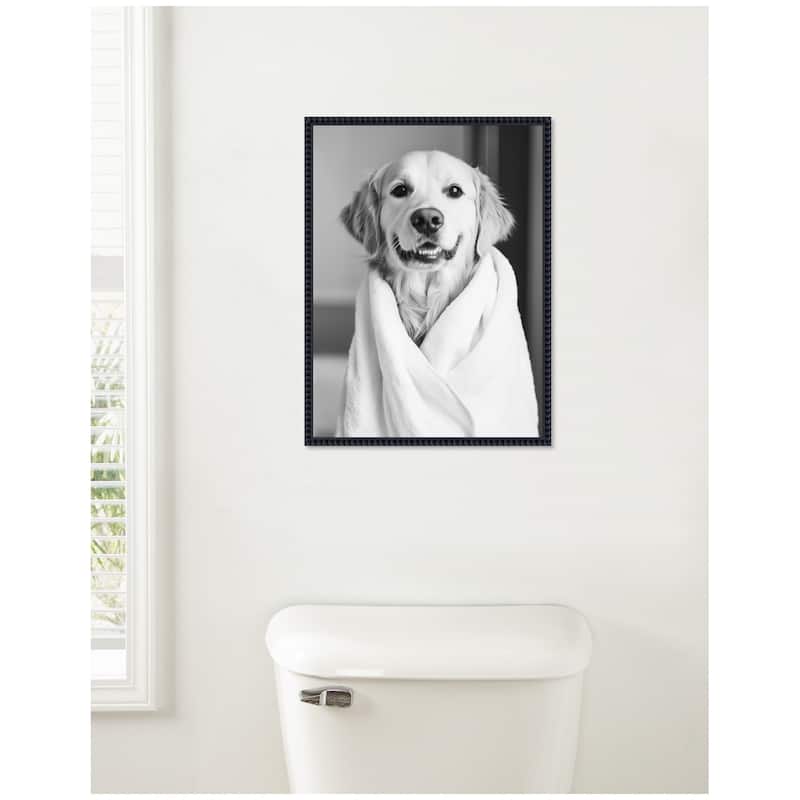 Kate and Laurel Sylvie Golden Retriever Bathroom Towel Robe Black and White Framed Canvas by The Creative Bunch Studio