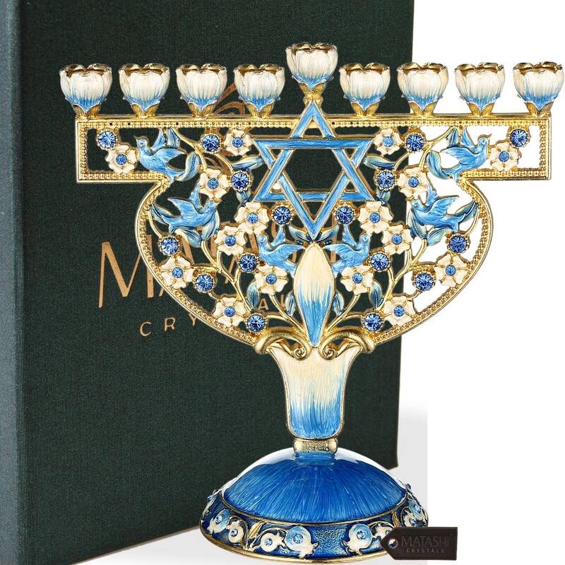 Matashi Hand Painted Enamel Menorah Candelabra w Doves & Flowers Design & Spinning Dreidel Ornaments w Crystals Jewish Decor