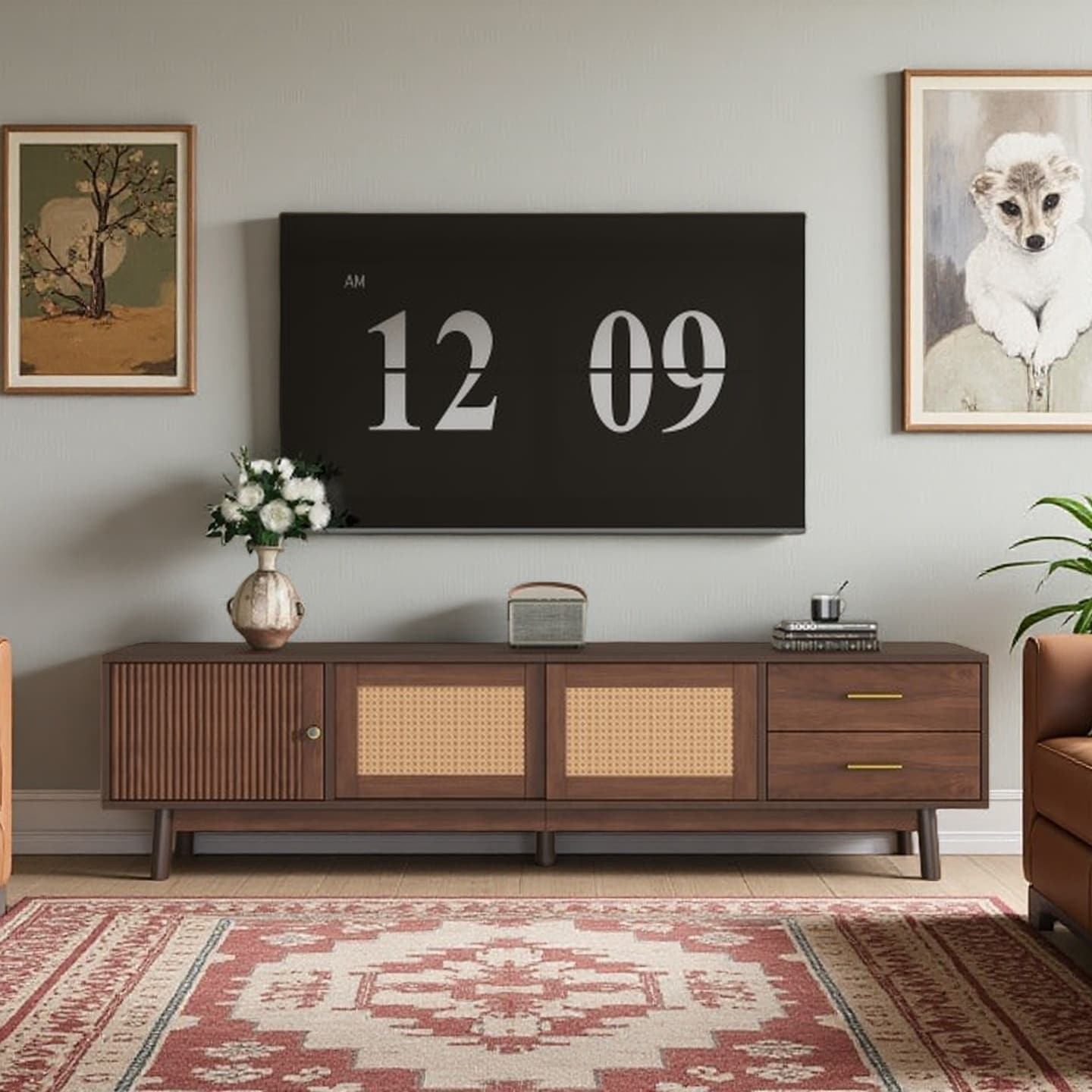 70.8" TV Console, Entertainment Cabinet with Rattan Sliding Doors, Solid Wood Legs, and 2 Drawers