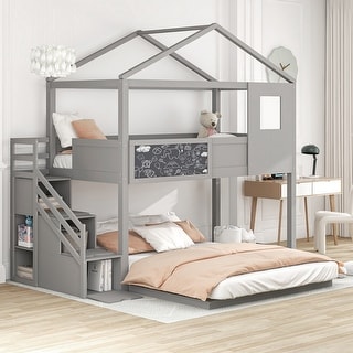 Twin over Full House Bunk Bed with Storage Staircase and Blackboard ...