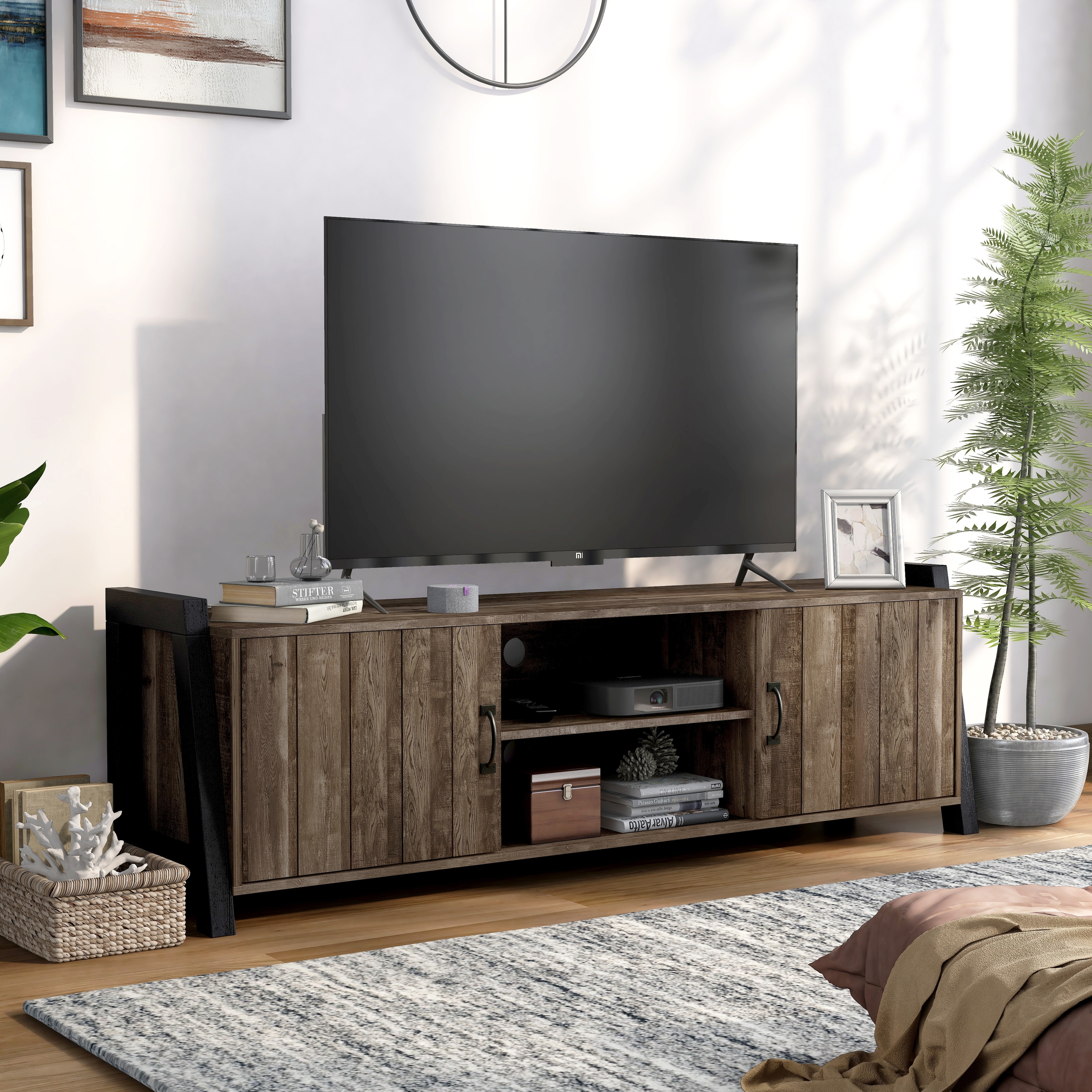 Carson Farmhouse Reclaimed Oak 66-inch 6-Shelf TV Stand