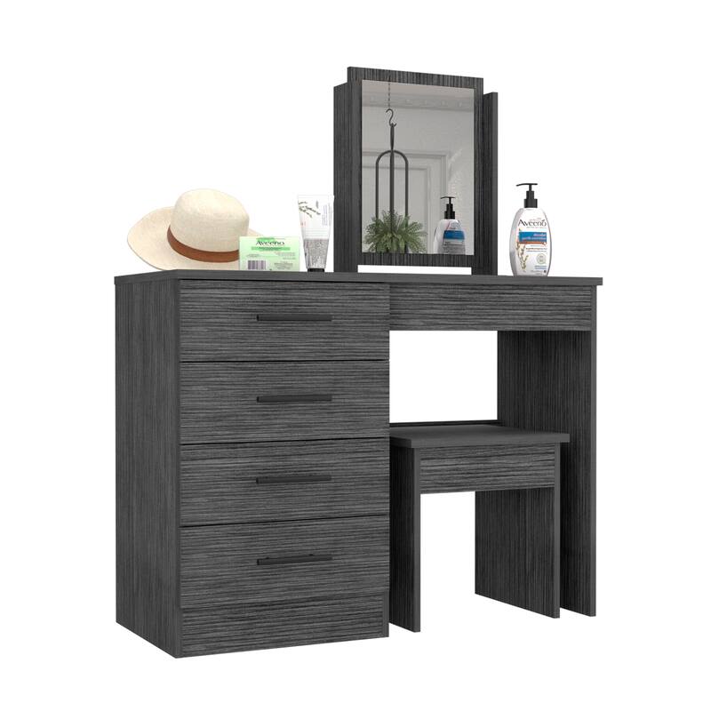 Compact Makeup Dressing Table with Storage Drawers, Mirror, and Stool in Smoke Grey Finish for Modern Bedrooms