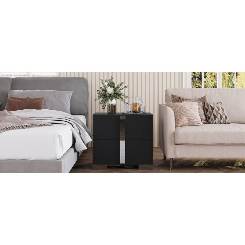 Modern End Table with Drawers, Elegant Nightstand with Metal Foot,Wood Bedside Table with Mirrored Metal Handles