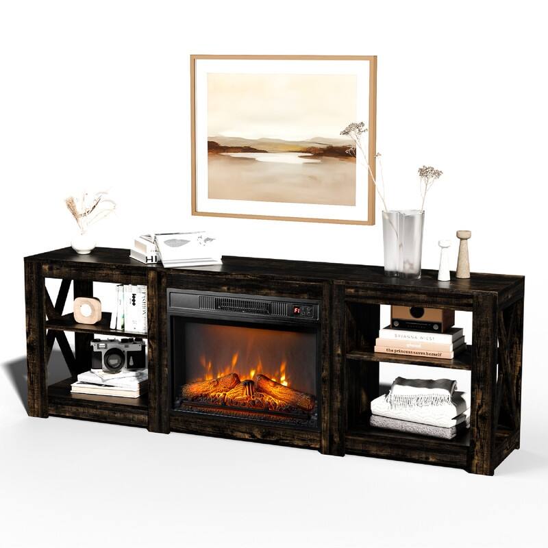 Farmhouse 70'' TV Stand For Tvs Up To 70'' With 23'' Electric Fireplace and Adjustable Shelves